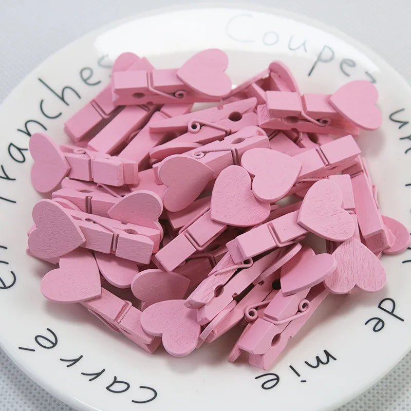 50pcs Heart Pink Blue Wooden Photo Clips Memo Paper Peg Clothespin Stationery Clips Office Party Decoration Accessories 35*7mm