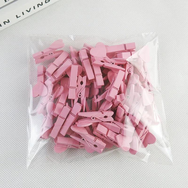 50pcs Heart Pink Blue Wooden Photo Clips Memo Paper Peg Clothespin Stationery Clips Office Party Decoration Accessories 35*7mm