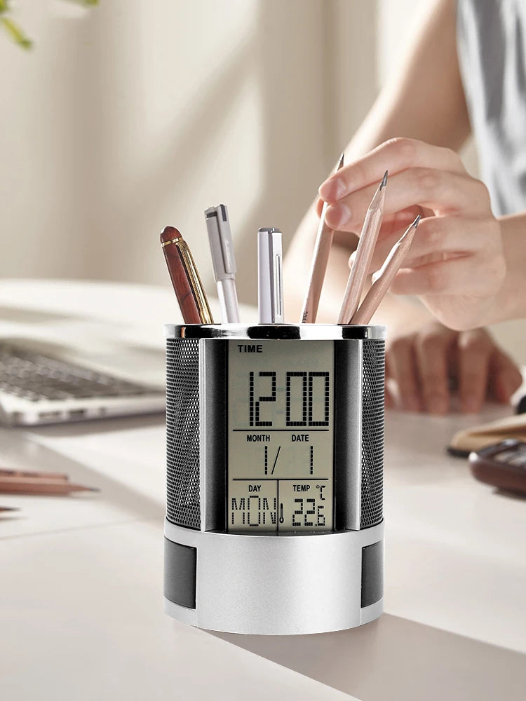 Iron mesh circular perpetual calendar storage pen holder - clock alarm clock - temperature detection multi-function